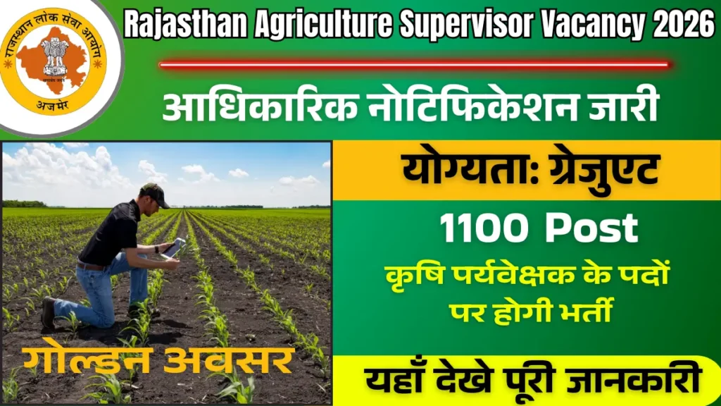 Rajasthan Agriculture Supervisor Vacancy 2026: राजस्थान कृषि विभाग में कृषि पर्यवेक्षक के लिए 1100 पदों पर विज्ञापन हुआ जारी, स्नातक पास करे आवेदन